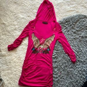 COOGI Pink Embellished Eagle Ruched Long Sleeve Hoodie Dress Size Large